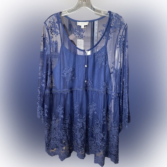 Slate Floral Lace-Overlay Button-Front Empire-Waist Tunic, NWT, 1X - Picture 4 of 8